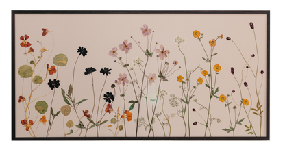 Decorative wall art with pressed flowers recording a London garden in late summer garden on a pale parchment coloured background with ebony stained wooden frame.